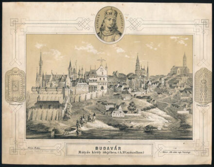 1854 Rohn Alajos (XIX sz. eleje-1870): Budavár Mátyás király idejében, Dürer Alb. után razj. Varsányi. Acélmetszet, papír, litográfia, körbevágott, 13x20 cm, 20x25 cm