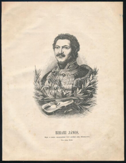 Bihari János fametszetű portréja, 'Rajz. a Nemz. Muzeumban lévő eredeti után Klimkovics. Fába metszette Riedel.', körbevágott, 25x19