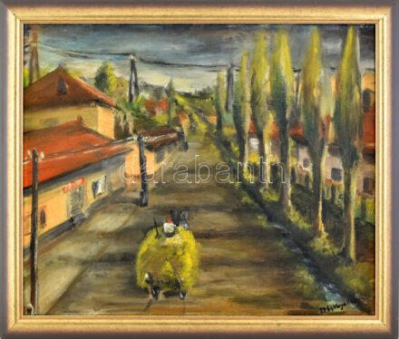 Varga Ilosvai I. jelzéssel: Szekér az utcán. Olaj, karton. Dekoratív fakeretben. 50x60 cm