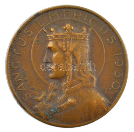 Zsákodi Csiszér János (1883-1953) 1930. 'Sanctus Emericus' Szent Imrét ábrázoló egyoldalas bronz jelvény, hátoldalán 'LUDVIG BP' gyártói jelzéssel (30mm) T:1- patina