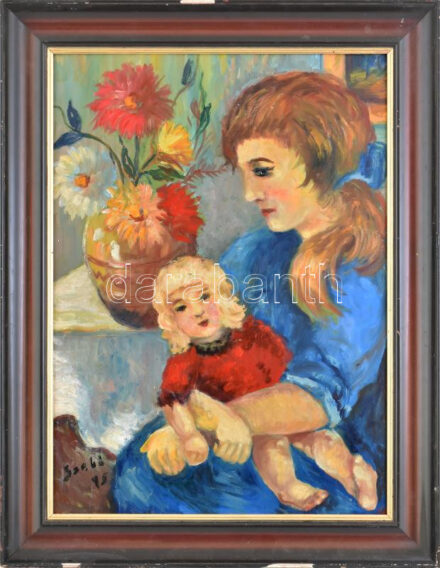 Szabó jelzéssel: Anya gyermekével. Olaj, farost. Dekoratív, sérült fakeretben. 55x40 cm