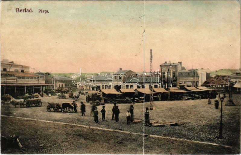 1908 Berlád, Biereldorf, Barla; Fő tér, piac. P.P. Frumuzache 756. / Piata / square, market (r)