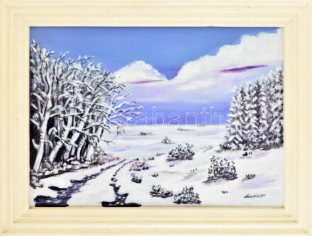 Olvashatatlan (Király?) jelzéssel: Téli havas táj. Olaj, farost. Fakeretben. 43x60 cm