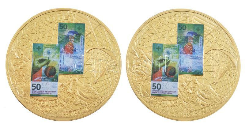 Svájc 2016. '50 Fr. Banknote' aranyozott Cu emlékérem multicolor rátéttel kapszulában (2x) (50mm) T:PP Switzerland 2016. '50 Fr. Banknote' gold plated Cu commemorative medallion with multicolor inlay in capsule (2x) (50mm) C:UNC