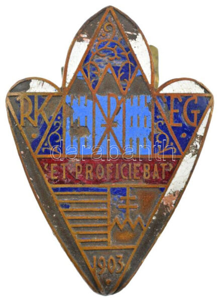 1903. 'RK - Et Proficiebat - EG' zománcozott Cu sapkajelvény (60x42mm) T:3 jelentős zománchiba, hajlott