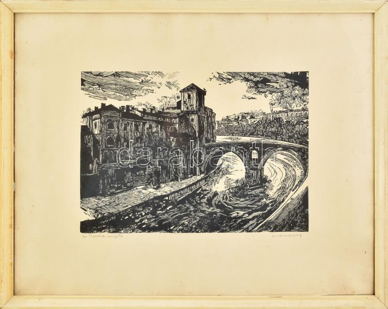 Csanády András (1929-): A Tevere szigete. Fametszet, papír, jelzett. Üvegezett fakeretben. 22,5x31,5 cm