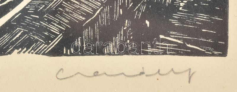 Csanády András (1929-): A Tevere szigete. Fametszet, papír, jelzett. Üvegezett fakeretben. 22,5x31,5 cm - Image 2