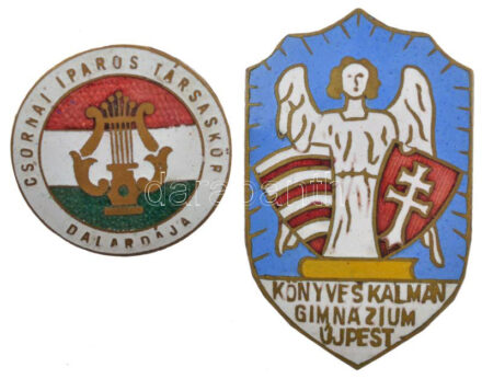 ~1920-1930. 2xklf zománcozott tombak jelvény: 'Csornai Iparos Társaskör Dalárdája', 'Könyves Kálmán Gimnázium Újpest' (29mm, 49x30mm) T:1- minimális zománchiba