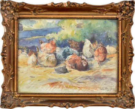 vitéz Oláh József (?-?), működött a XX. sz. első felében: Csirkék. Akvarell, papír, jelzett. Üvegezett, dekoratív, kissé sérült fakeretben. 27x36 cm