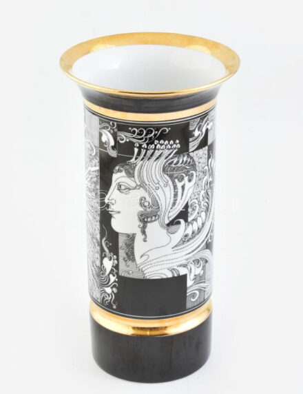 Hollóházi Szász Endre által tervezett mintával díszített porcelán váza, matricás, jelzett, hibátlan, m: 30 cm