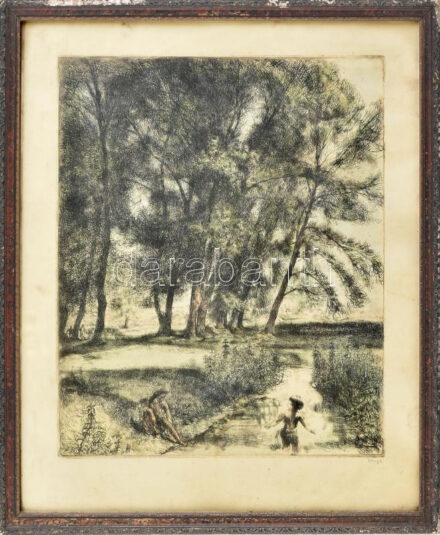 Varga Nándor Lajos (1895-1978): Fürdőzők. Színezett rézkarc, papír, jelzett. Üvegezett, sérült fakeretben, 38×30,5 cm