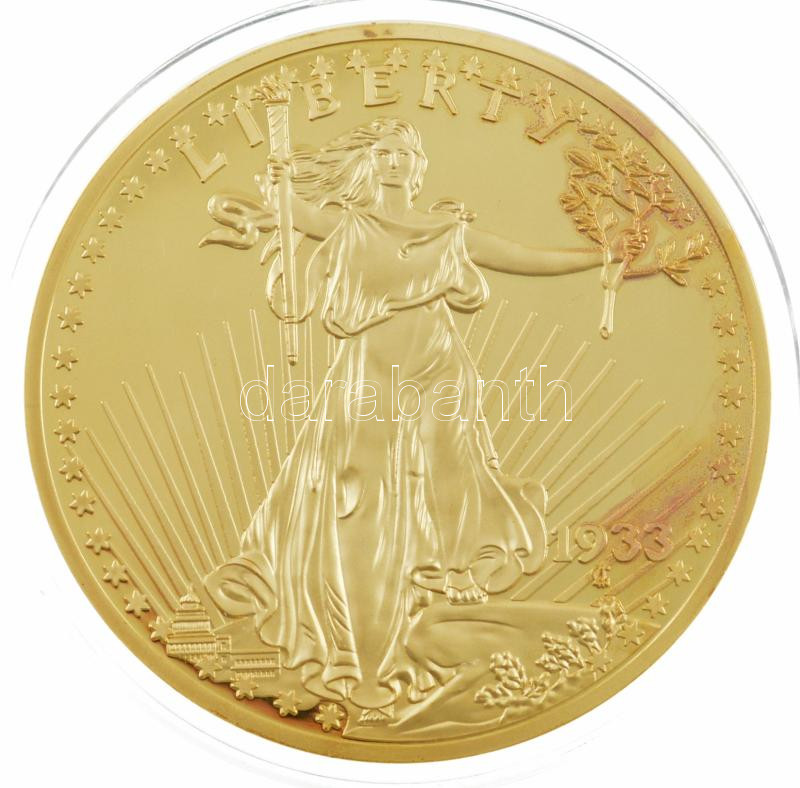 Amerikai Egyesült Államok DM 'Twenty Dollars' aranyozott Cu emlékérem kapszulában (70mm) T:PP kis patina USA ND 'Twenty Dollars' gold plated Cu commemorative medallion in capsule (70mm) C:PP small patina