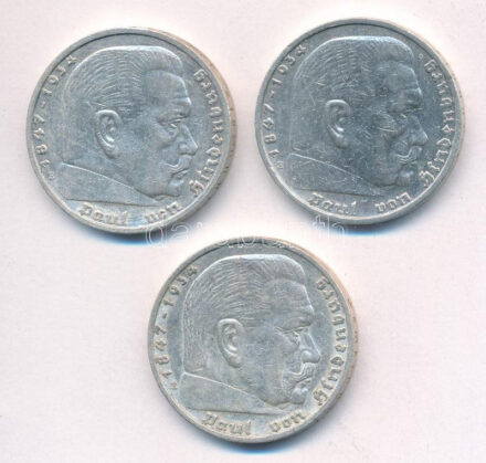Német Harmadik Birodalom 1936E 5M Ag 'Hindenburg' (3x) T:2 kis karcok German Third Empire 1936E 5 Reichsmark Ag 'Hindenburg' (3x) C:VF slightly scratched Krause KM#86