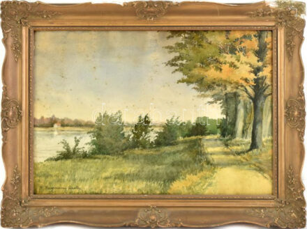 Barabás Reismann Gizella (1893-1985): Duna Dömsödnél, Soroksári Dunaág, 1930-40 körül. Akvarell, papír, jelzett, kissé foltos, hátoldalán autográf felirattal. Üvegezett, kissé sérült fakeretben, 35×50 cm