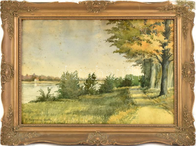 Barabás Reismann Gizella (1893-1985): Duna Dömsödnél, Soroksári Dunaág, 1930-40 körül. Akvarell, papír, jelzett, kissé foltos, hátoldalán autográf felirattal. Üvegezett, kissé sérült fakeretben, 35×50 cm