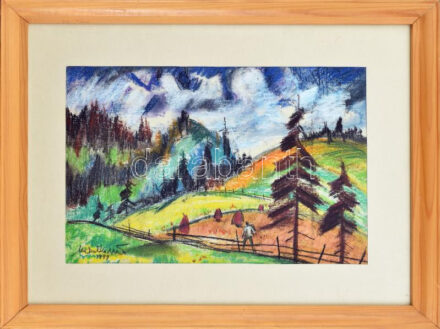 Olvashatatlan jelzéssel: Hegyvidéki táj. Pasztell, papír. Üvegezett fakeretben. 32x48 cm.