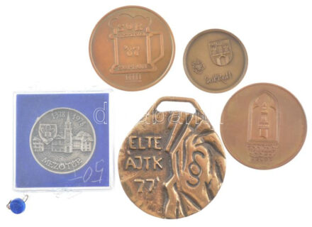 5 db vegyes magyar emlékérem, plakett. br és fém. d:30-40 mm