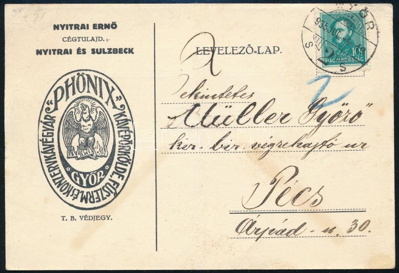 1935 Győri Phönix kávépörkölde Fűszerm. és Konzervkávégyár levelezőlapja