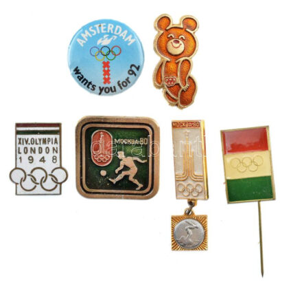 6xklf magyar és külföldi olimpiai jelvénytétel, közte 1948. 'XIV. Olympia London' zománcozott fém jelvény (tű hiányzik) T:1-2-