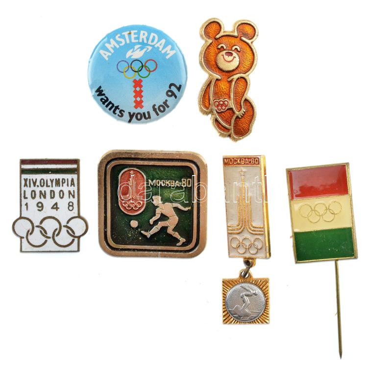 6xklf magyar és külföldi olimpiai jelvénytétel, közte 1948. 'XIV. Olympia London' zománcozott fém jelvény (tű hiányzik) T:1-2-