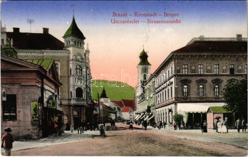 Brassó, Kronstadt, Brasov; Klostergasse, Strassenansicht / Kolostor utca, üzletek / street view, shops (EK)