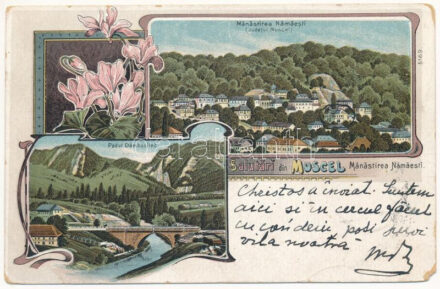 1903 Campulung Muscel, Hosszúmező, Kimpolung, Cimpolung (Arges); Manastirea Namaesti, Podul Dambovitec / monastery, bridge. Art Nouveau, floral, litho (EK)