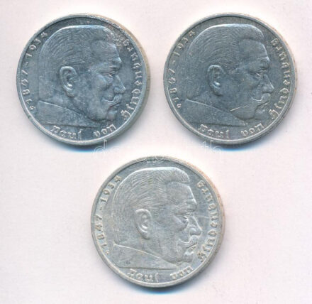 Német Harmadik Birodalom 1936G 5M Ag 'Hindenburg' (3x) T:2 German Third Reich 1936G 5 Mark Ag 'Hindenburg' (3x) C:XF Krause KM#86