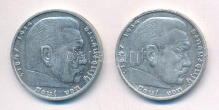 Német Harmadik Birodalom 1936J 5M Ag 'Hindenburg' (2x) T:2 German Third Reich 1936J 5 Mark Ag 'Hindenburg' (2x) C:XF Krause KM#86