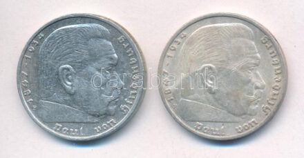 Német Harmadik Birodalom 1936F 5M Ag 'Hindenburg' (2x) T:2 German Third Reich 1936F 5 Mark Ag 'Hindenburg' (2x) C:XF Krause KM#86