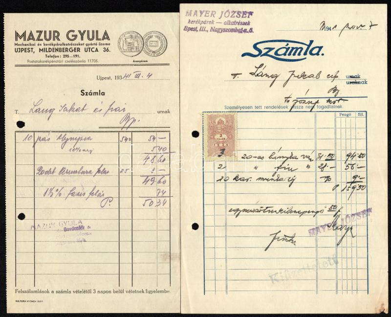 Kerékpár-kereskedők, gyártók számlái, kerékpár-bejelentőlap, 5 db