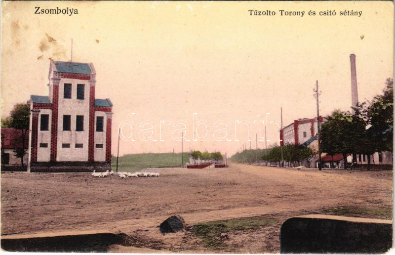 1916 Zsombolya, Hatzfeld, Jimbolia; Tűzoltótorony és Csitó sétány. Kohl János kiadása / fire station, firefighter's tower, street (EM)