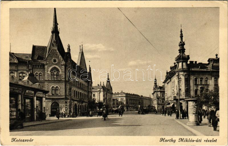 Kolozsvár, Cluj; Horthy Miklós út, gyógyszertár, patika, üzletek / street view, pharmacy, shops (EK)