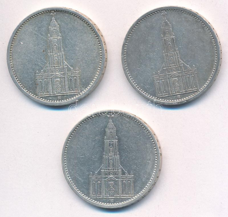 Német Harmadik Birodalom 1935A 5M Ag 'Garnisonkirche' (3x) T:2 German Third Reich 1935A 5 Marks Ag 'Garnisonkirche' (3x) C:XF Krause KM#83