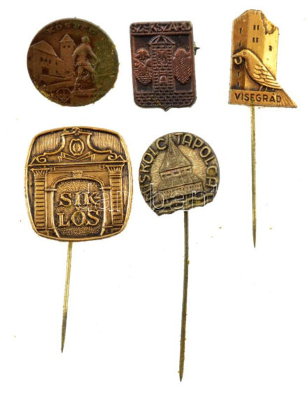 5xklf magyar városi fém jelvény, benne: Visegrád, Siklós, Miskolctapolca, Szekszárd, Kőszeg T:1-2