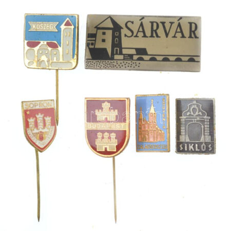 6xklf magyar városi, nagyrészt zománcozott fém jelvény, benne: Budapest, Sopron, Zalaegerszeg, Siklós, Sárvár, Kőszeg T:1-2