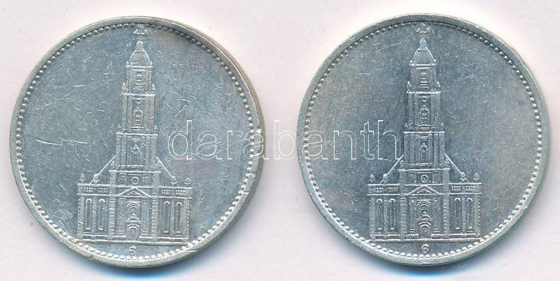 Német Harmadik Birodalom 1934G 5M Ag 'Garnisonkirche' (2x) T:2 ph. German Third Reich 1934G 5 Marks Ag 'Garnisonkirche' (2x) C:XF edge error Krause KM#83