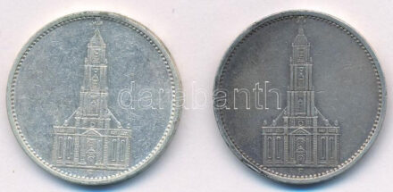 Német Harmadik Birodalom 1934F 5M Ag 'Garnisonkirche' (2x) T:2,2- ph., patina German Third Reich 1934F 5 Marks Ag 'Garnisonkirche' (2x) C:XF,VF edge error, patina Krause KM#83