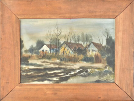 Reinhardt István (1936- ): Faluszéli házak. Akvarell, papír, jelzett. 32,5×44,5 cm. Üvegezett fakeretben.