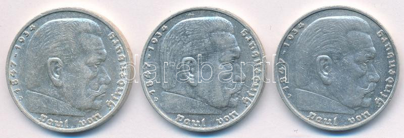 Német Harmadik Birodalom 1936D 5M Ag 'Hindenburg' (3x) T:2 kis patina German Third Reich 1936D 5 Mark Ag 'Hindenburg' (3x) C:XF small patina Krause KM#86