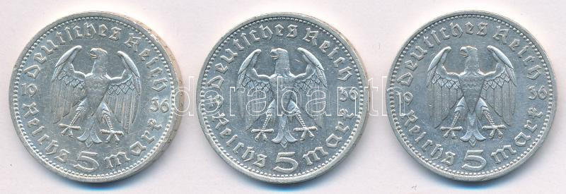 Német Harmadik Birodalom 1936D 5M Ag 'Hindenburg' (3x) T:2 kis patina German Third Reich 1936D 5 Mark Ag 'Hindenburg' (3x) C:XF small patina Krause KM#86 - Image 2