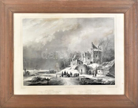 Andreas Schelfhout (1787-1870) festménye után, J. Woelfjle : Tél (Winter). Litográfia, papír, jelzett a litográfián. XIX. sz. közepe. 37,5×51 cm. Üvegezett, dekoratív fakeretben.