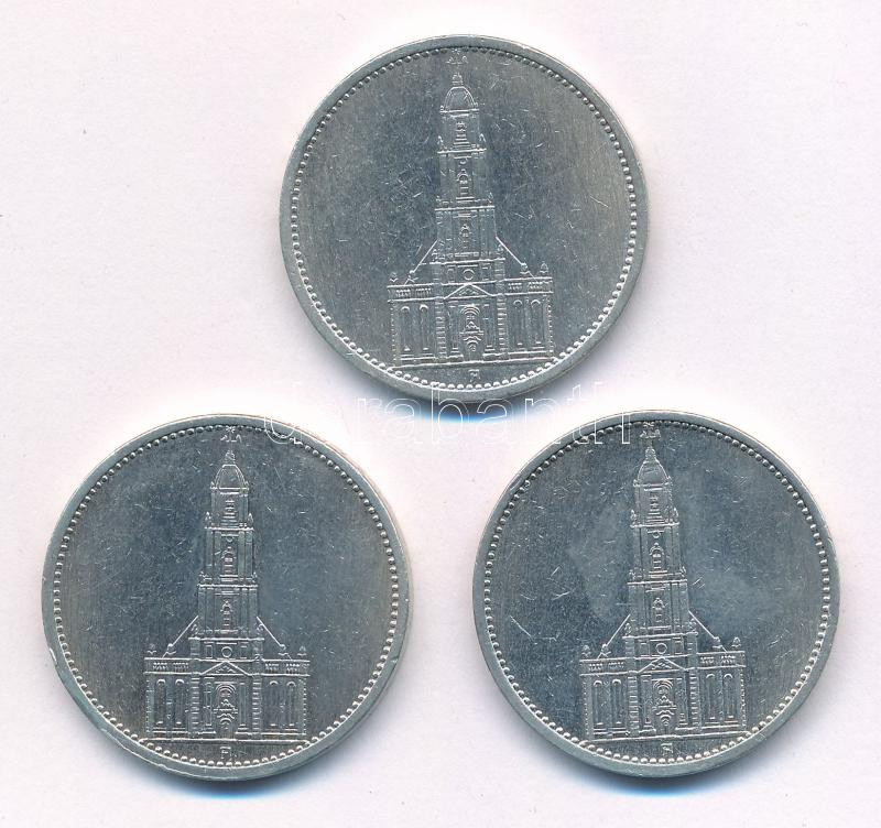 Német Harmadik Birodalom 1934A 5M Ag 'Garnisonkirche' (3x) T:2 German Third Reich 1934A 5 Reichsmark Ag 'Garnisonkirche' (3x) C:XF Krause KM#83