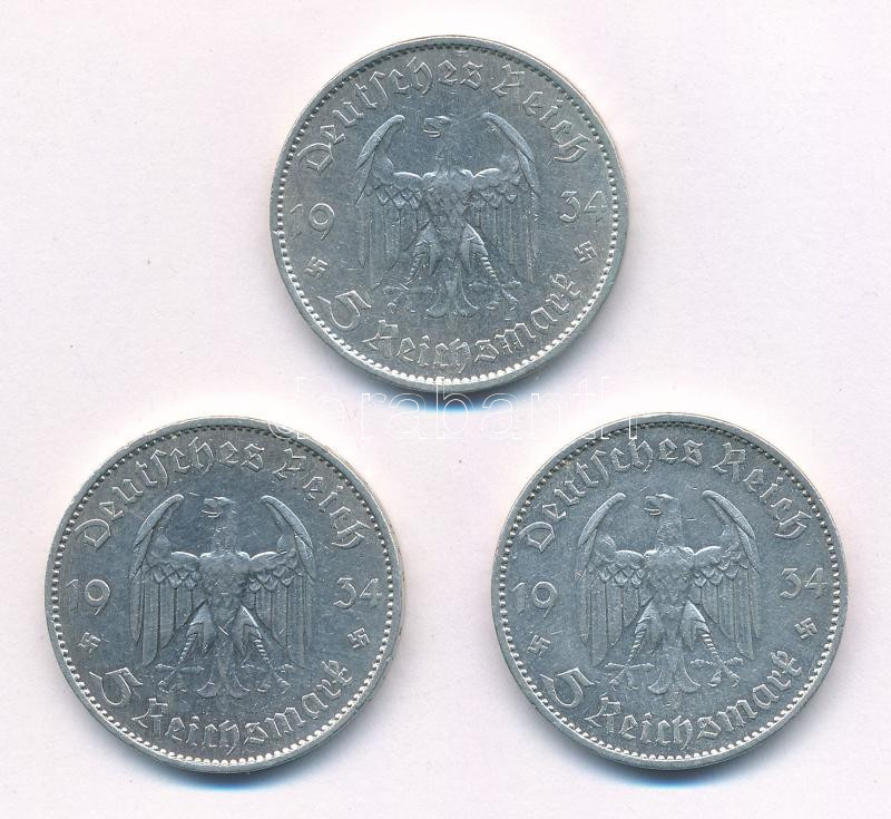 Német Harmadik Birodalom 1934A 5M Ag 'Garnisonkirche' (3x) T:2 German Third Reich 1934A 5 Reichsmark Ag 'Garnisonkirche' (3x) C:XF Krause KM#83 - Image 2