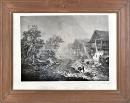 Heinrich Bürkel (1802-1869) festménye után, J. Woelfjle: Felhőszakadás (Platzregen). Litográfia, papír, jelzett a litográfián. XIX. sz. közepe. 37,5×51 cm. Üvegezett, dekoratív fakeretben.