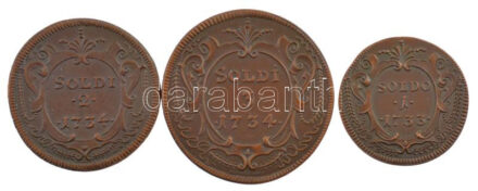 Olasz Államok / Gorizia 1733. 1 Soldo Cu + 1734. 2 Soldi Cu + 1734. 3 Soldi mindhárom utánveret, 'RIPROD. 1977' jelzéssel, közös '1836 Johnson Milano Roma' dísztokban T:1 Italian States / Gorizia 1733. 1 Soldo Cu + 1734. 2 Soldi Cu + 1734.