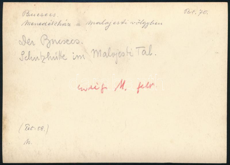 cca 1910 Menedékház a Malaesti-völgyben, Erdélyi Mór felvétele, hátulján feliratozva, 11,5×16 cm - Image 2