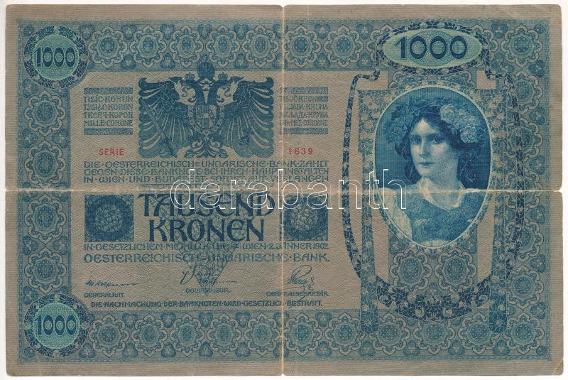 1902. 1000K piros 'MAGYARORSZÁG' körbélyegzővel T:III- nagyobb szakadás Adamo SK35B