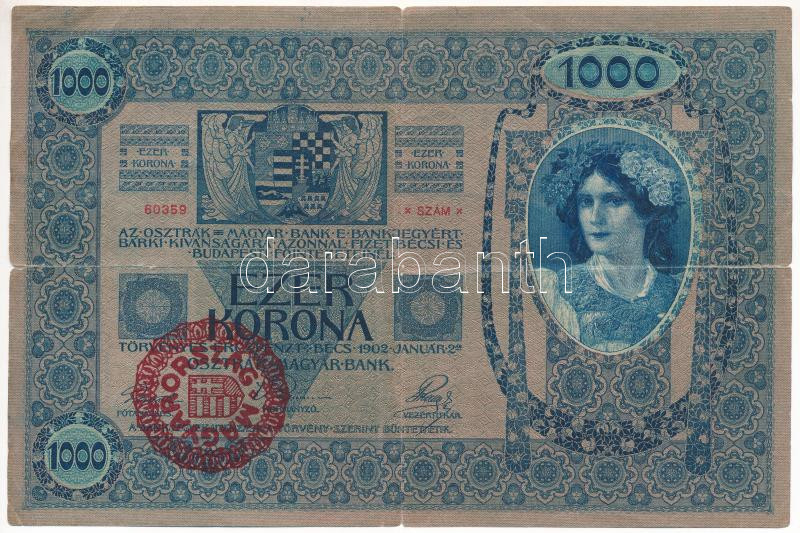 1902. 1000K piros 'MAGYARORSZÁG' körbélyegzővel T:III- nagyobb szakadás Adamo SK35B - Image 2
