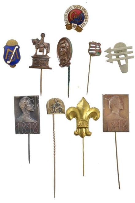 10xklf magyar jelvénytétel, közte 1966. 'Erzsébeti Vasas Művelődési Ház - Csili' zománcozott bronz jelvény + 1938. 'Szent István év' bronz jelvény T:1-2 közte sérült