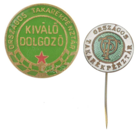 1970-1980. 'Országos Takarékpénztár - Kiváló Dolgozó' aranyozott, festett bronz jelvény (20mm) + Országos Takarékpénztár' zománcozott tombak jelvény (15mm) T:1-